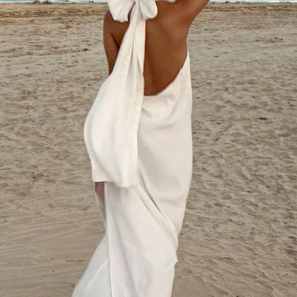 White Sexy Women's All Satin Halter Dress - Picture 5 of 6